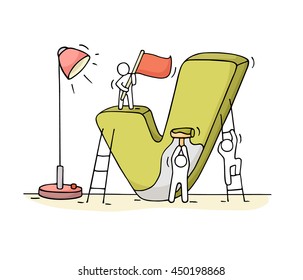 Sketch of working little people with mark tick. Doodle cute miniature teamwork. Hand drawn cartoon vector illustration for business design.