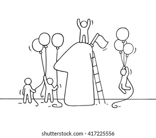Sketch of working little people with number one, balloons. Doodle cute miniature scene of workers preparing for the celebration. Hand drawn cartoon vector illustration for business design.