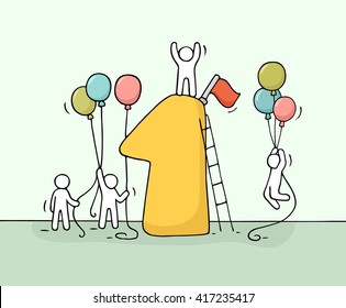 Sketch of working little people with number one, balloons. Doodle cute miniature scene of workers preparing for the celebration. Hand drawn cartoon vector illustration for business design.