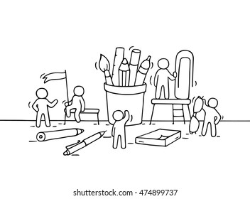 Sketch of working little people with office supplies. Doodle cute miniature scene of workers with stationery. Hand drawn cartoon vector illustration for business design.