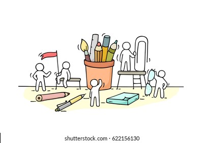 Sketch of working little people with office supplies. Doodle cute miniature scene of workers with stationery. Hand drawn cartoon vector illustration for business design.