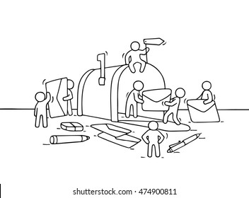 Sketch of working little people with open mailbox. Doodle cute miniature scene of workers with letters. Hand drawn cartoon vector illustration.