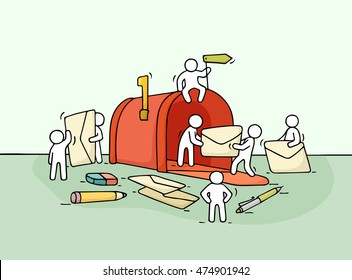 Sketch of working little people with open mailbox. Doodle cute miniature scene of workers with letters. Hand drawn cartoon vector illustration.