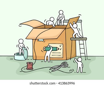 Sketch of working little people with package. Doodle cute miniature of teamwork and post. Hand drawn cartoon vector illustration for business design and infographic.