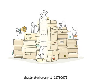 Sketch of working little people with paper stack. Doodle cute miniature scene about paperwork. Hand drawn cartoon vector illustration for business and education design .