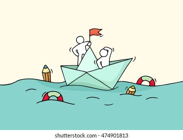 Sketch of working little people with paper boat. Doodle cute miniature scene of workers with discovery concept. Hand drawn cartoon vector illustration for business design.