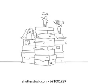Sketch of working little people with paper stack. Doodle cute miniature scene about paperwork. Hand drawn cartoon vector illustration for business and education design .
