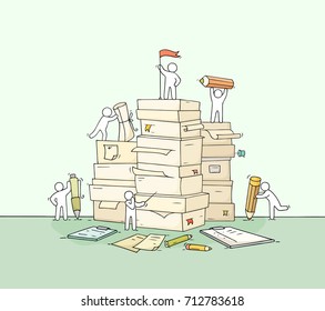 Sketch of working little people with paper stack. Doodle cute miniature scene about paperwork. Hand drawn cartoon vector illustration for business and education design .