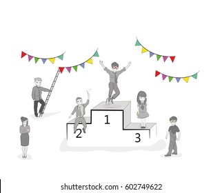 Sketch of working little people with pedestal, teamwork. Doodle cute miniature scene of workers preparing for the ceremony. Hand drawn cartoon vector illustration for business design and infographic.