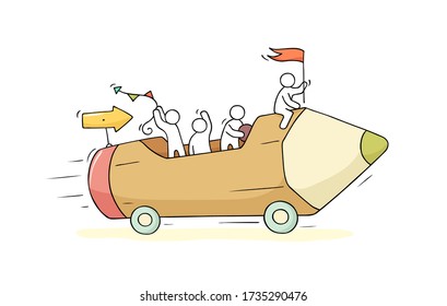 Sketch of working little people with pencil on wheels. Doodle cute miniature scene of creative workers. Hand drawn cartoon vector illustration for business design and infographic.