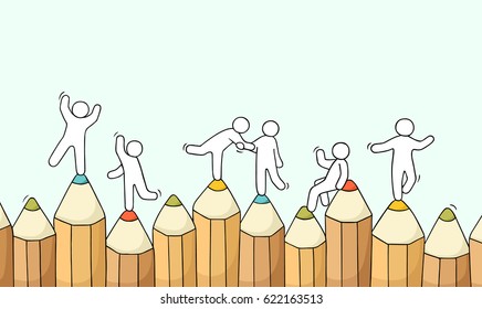 Sketch of working little people with pencils. Doodle cute miniature scene of workers about education. Hand drawn cartoon vector border for school business design.