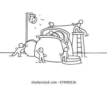 Sketch of working little people with purse. Doodle cute miniature scene of workers with many coins. Hand drawn cartoon vector illustration for business and finance design.