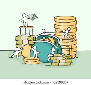 Sketch of working little people with purse. Doodle cute miniature scene of workers with many coins. Hand drawn cartoon vector illustration for business and finance design.