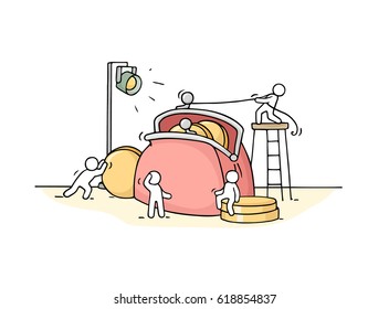Sketch of working little people with purse. Doodle cute miniature scene of workers with many coins. Hand drawn cartoon vector illustration for business and finance design.