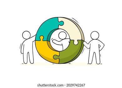 Sketch of working little people with puzzle, teamwork. Doodle cute miniature scene of workers collect puzzle pieces. Hand drawn cartoon vector illustration for business design and infographic.