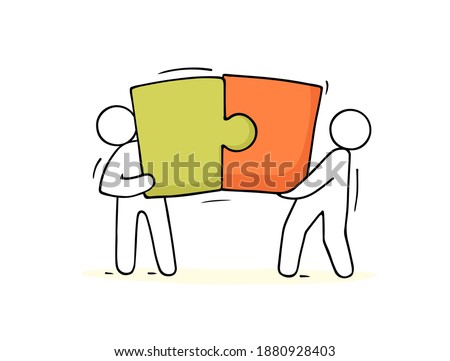 Sketch of working little people with puzzle, teamwork. Doodle cute miniature scene of workers collect puzzle pieces. Hand drawn cartoon vector illustration for business design and infographic.