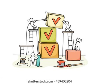 Sketch of working little people with pyramid of cubes, tick. Doodle cute miniature teamwork and checklist. Hand drawn cartoon vector illustration for business design and infographic.