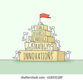 Sketch of working little people with pyramid. Doodle cute miniature scene of workers about success. Hand drawn cartoon vector illustration for business design and infographic.