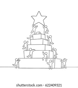 Sketch of working little people with pyramid. Doodle cute miniature scene of workers about leadership. Hand drawn cartoon vector illustration for business design and infographic.