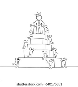 Sketch of working little people with pyramid and big boss. Doodle cute miniature scene of workers about leadership. Hand drawn cartoon vector illustration for business design.