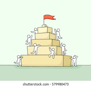 Sketch of working little people with pyramide. Doodle cute miniature scene of workers about leadership. Hand drawn cartoon vector illustration for business design and infographic.