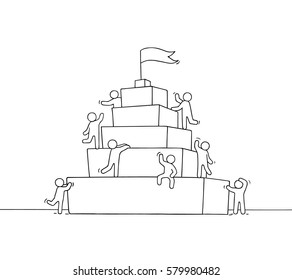 Sketch of working little people with pyramide. Doodle cute miniature scene of workers about leadership. Hand drawn cartoon vector illustration for business design and infographic.