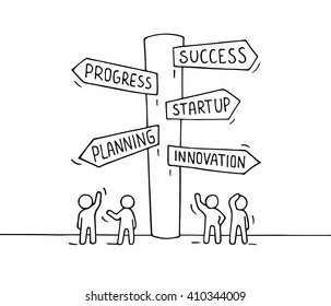 Sketch of working little people with road sign. Doodle cute miniature of signpost. Hand drawn cartoon vector illustration for business design and infographic.