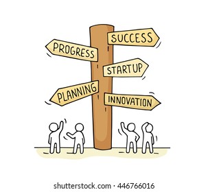 Sketch of working little people with road sign. Doodle cute miniature of signpost. Hand drawn cartoon vector illustration for business design and infographic.