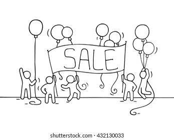 Sketch of working little people with sale banner. Doodle cute miniature scene of workers preparing for the celebration. Hand drawn cartoon vector illustration.