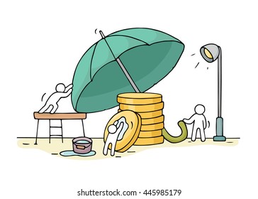 Sketch of working little people saving stack of coins, umbrella. Doodle cute miniature teamwork about money saving. Hand drawn cartoon vector illustration for business and finance design.