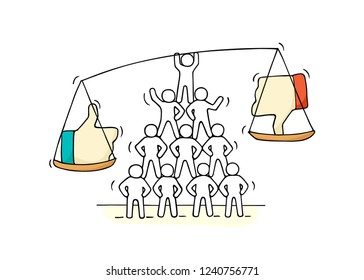 Sketch of working little people with scale. Doodle cute miniature scene of workers choosing between like and dislike. Hand drawn cartoon vector illustration for social media design.