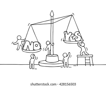 Sketch of working little people with scale. Doodle cute miniature scene of workers choosing between yes and no. Hand drawn cartoon vector illustration for business design and finance.