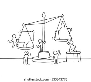 Sketch of working little people with scale. Doodle cute miniature scene of workers choosing between like and dislike. Hand drawn cartoon vector illustration for social media design.