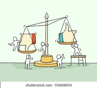 Sketch of working little people with scale. Doodle cute miniature scene of workers choosing between like and dislike. Hand drawn cartoon vector illustration for social media design.