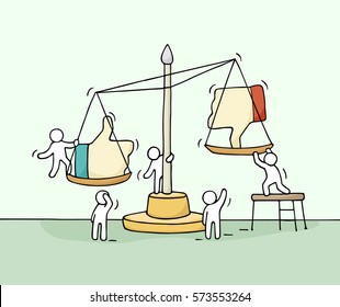 Sketch of working little people with scale. Doodle cute miniature scene of workers choosing between like and dislike. Hand drawn cartoon vector illustration for social media design.