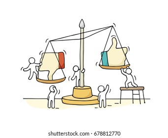 Sketch of working little people with scale. Doodle cute miniature scene of workers choosing between like and dislike. Hand drawn cartoon vector illustration for social media design.
