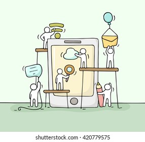 Sketch of working little people with smartphone. Doodle cute miniature teamwork with computer signs. Hand drawn cartoon vector illustration for technology design.