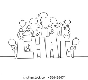 Sketch of working little people with speech bubbles. Doodle cute miniature scene with big word Chat. Hand drawn cartoon vector illustration for social media and business design.