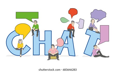 Sketch of working little people with speech bubbles. Doodle cute miniature scene with big word Chat. Hand drawn cartoon vector illustration for social media and business design.