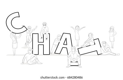 Sketch of working little people with speech bubbles. Doodle cute miniature scene with big word Chat. Hand drawn cartoon vector illustration for social media and business design.