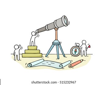 Sketch of working little people with spyglass, teamwork. Doodle cute miniature scene of workers discovery something . Hand drawn cartoon vector illustration for business design and infographic.