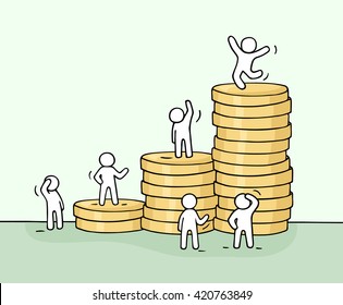 Sketch of working little people with stack of coins. Doodle cute miniature scene of workers. Hand drawn cartoon vector illustration for business design and finance.