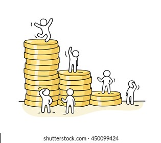 Sketch of working little people with stack of coins. Doodle cute miniature scene of workers. Hand drawn cartoon vector illustration for business design and finance.