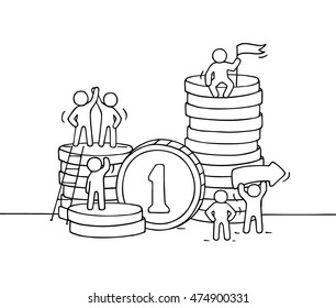 Sketch of working little people with stack of coins. Doodle cute miniature scene of workers. Hand drawn cartoon vector illustration for business design and finance.