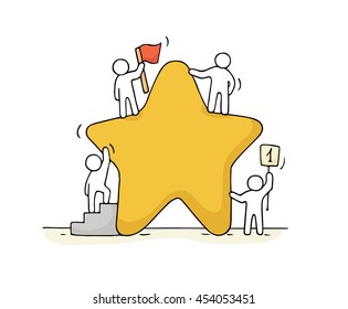 Sketch of working little people with star, teamwork. Doodle cute miniature scene of workers. Hand drawn cartoon vector illustration for business design and infographic.