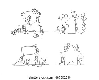 Sketch of working little people with victory symbols. Doodle cute miniature scene of workers preparing for the celebration. Hand drawn cartoon vector illustration for business design.