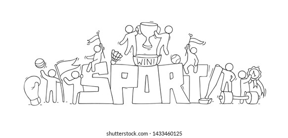 Sketch of working little people with word Sport. Doodle cute miniature scene of active men. Hand drawn cartoon vector illustration for lifestyle design.