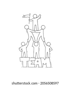 Sketch of working little people with word Team. Doodle cute miniature scene of workers and big letters. Hand drawn cartoon vector illustration for business design.
