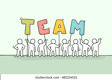 Sketch of working little people with word Team. Doodle cute miniature scene of workers hold letters. Hand drawn cartoon vector illustration for business design.