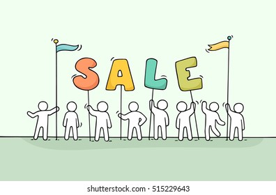 Sketch of working little people with word sale. Doodle cute miniature scene of workers preparing for the shopping. Hand drawn cartoon vector illustration.